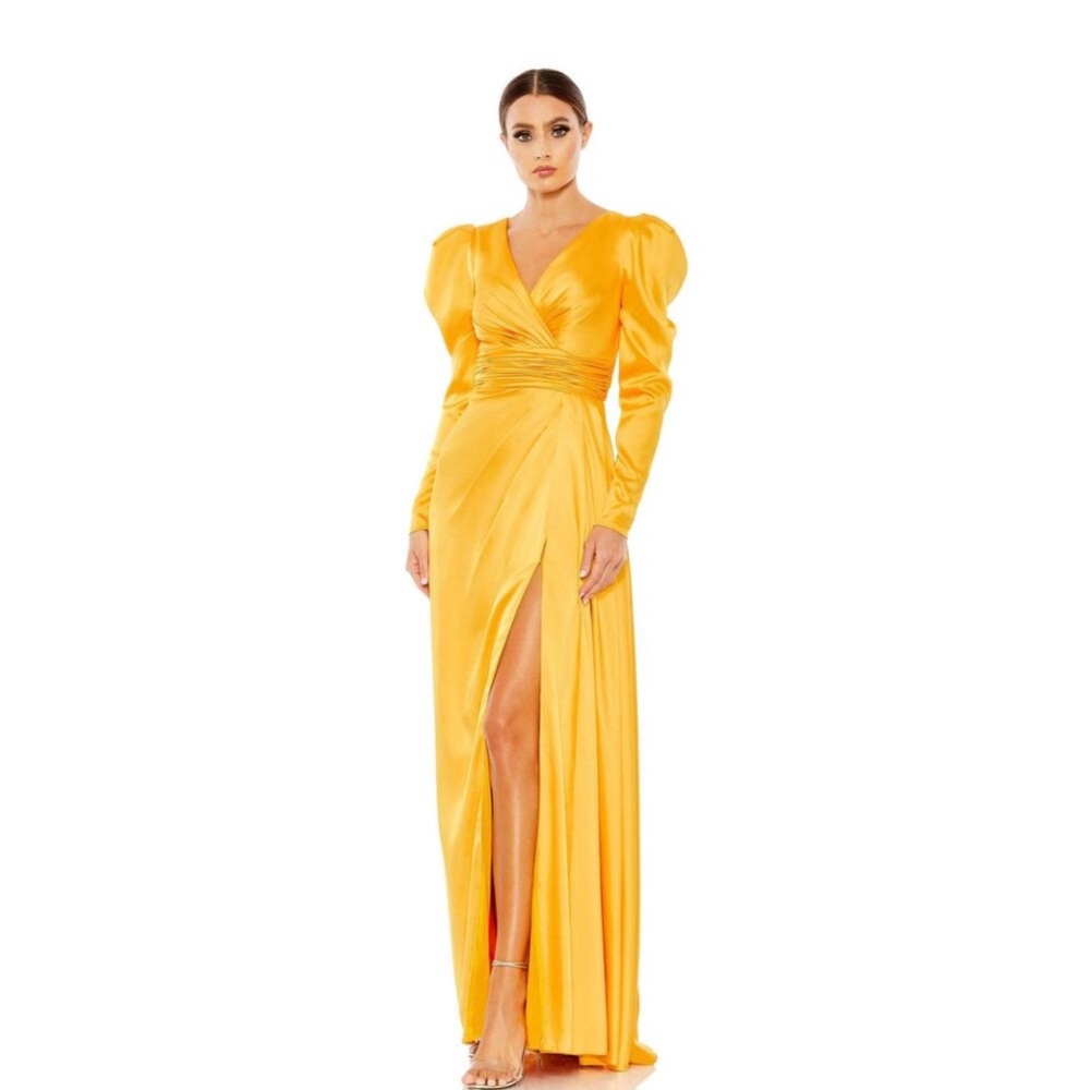 Mac Duggal 12404 FAUX WRAP  A LINE GOWN Formal Dress in Marigold size 14